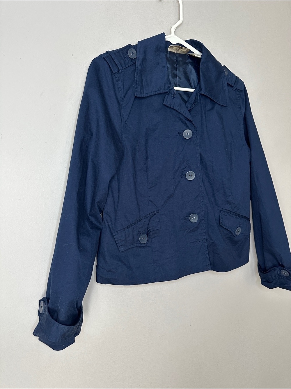 Women's Navy Button-Front Lightweight Jacket - Picture 2 of 7